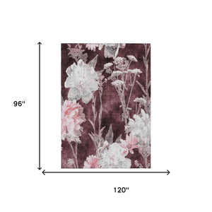 8 X 10 Floral Polyester Area Rug Burgundy Washable for Indoor Outdoor Spaces