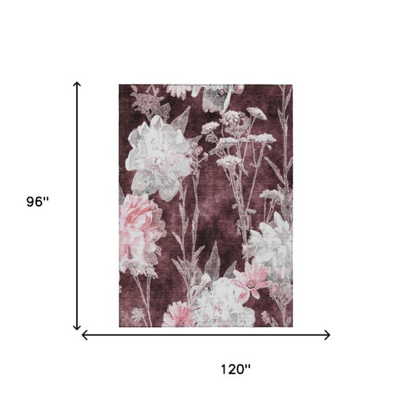 8 X 10 Floral Polyester Area Rug Burgundy Washable for Indoor Outdoor Spaces