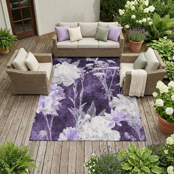 9 X 12 Purple Floral Polyester Area Rug Stain Resistant for Indoor Outdoor Use