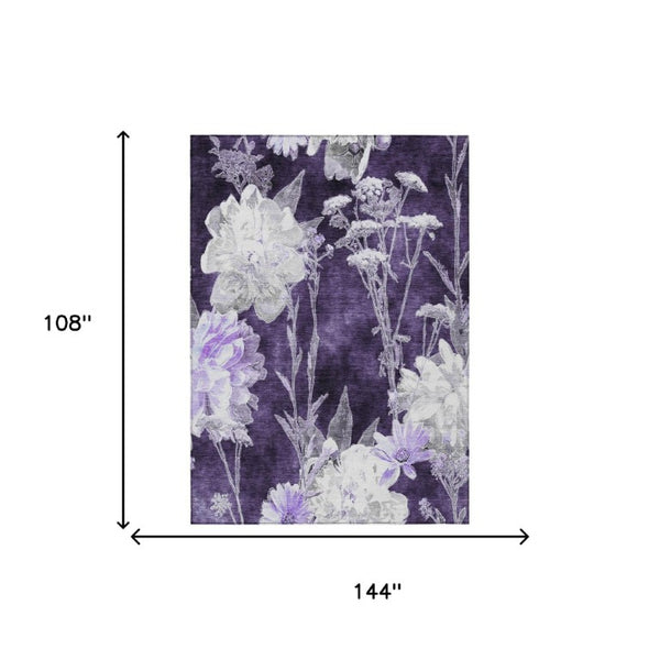 9 X 12 Purple Floral Polyester Area Rug Stain Resistant for Indoor Outdoor Use