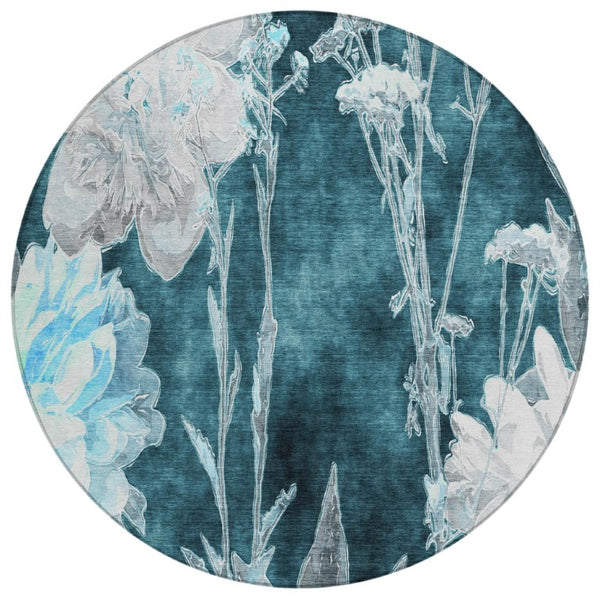 HomeRoots 8 Ft Round Emerald Floral Polyester Rug Stain Resistant for Indoor Outdoor Use 741811
