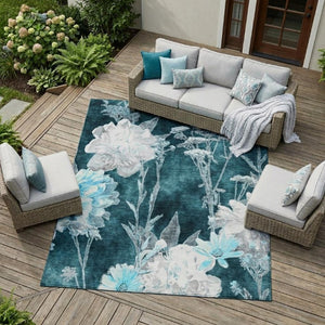 8 X 10 Emerald Floral Polyester Area Rug Stain Resistant for Patio or Living Room