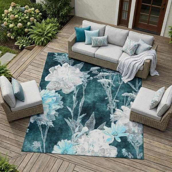 8 X 10 Emerald Floral Polyester Area Rug Stain Resistant for Patio or Living Room