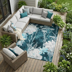 9 X 12 Emerald Floral Polyester Area Rug Washable Stain Resistant for Patio or Living Room