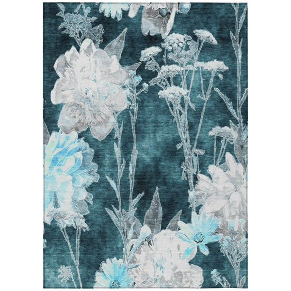 HomeRoots 9 X 12 Emerald Floral Polyester Area Rug Washable Stain Resistant for Patio or Living Room 741813
