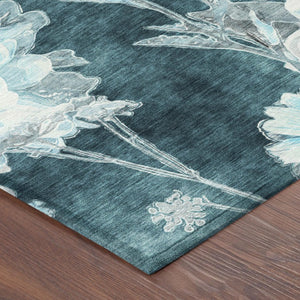 9 X 12 Emerald Floral Polyester Area Rug Washable Stain Resistant for Patio or Living Room