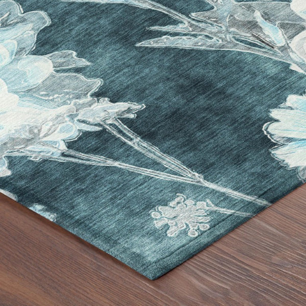 9 X 12 Emerald Floral Polyester Area Rug Washable Stain Resistant for Patio or Living Room