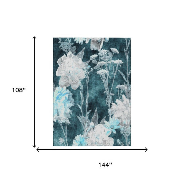 9 X 12 Emerald Floral Polyester Area Rug Washable Stain Resistant for Patio or Living Room