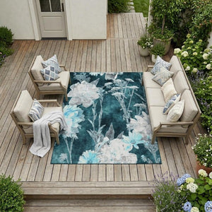 10 X 14 Emerald Floral Polyester Area Rug Washable Stain Resistant Indoor Outdoor Use