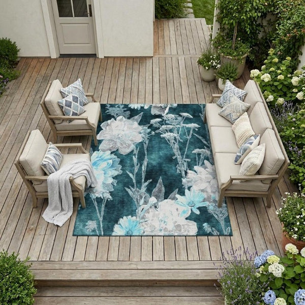 10 X 14 Emerald Floral Polyester Area Rug Washable Stain Resistant Indoor Outdoor Use