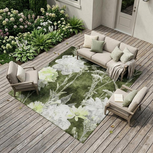 9x12 Olive Floral Polyester Area Rug Stain Resistant for Patio Porch or Living Room