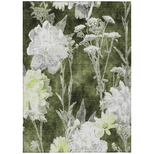 HomeRoots 9x12 Olive Floral Polyester Area Rug Stain Resistant for Patio Porch or Living Room 741825