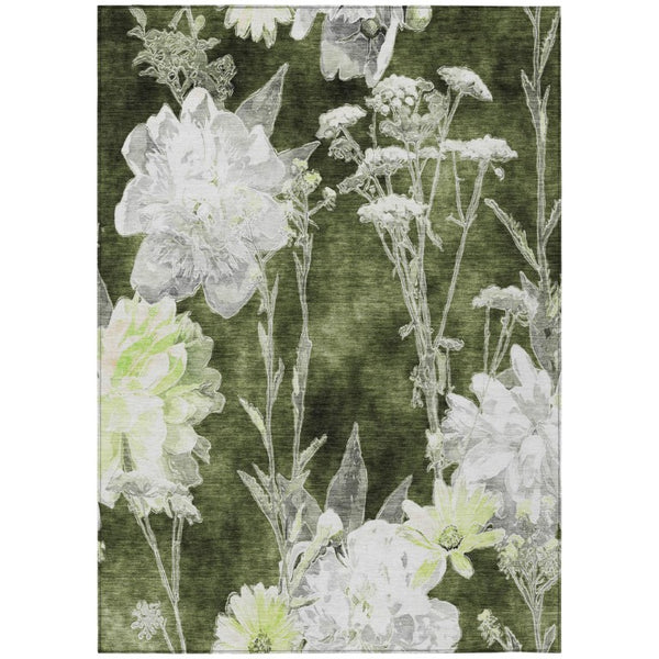 HomeRoots 9x12 Olive Floral Polyester Area Rug Stain Resistant for Patio Porch or Living Room 741825