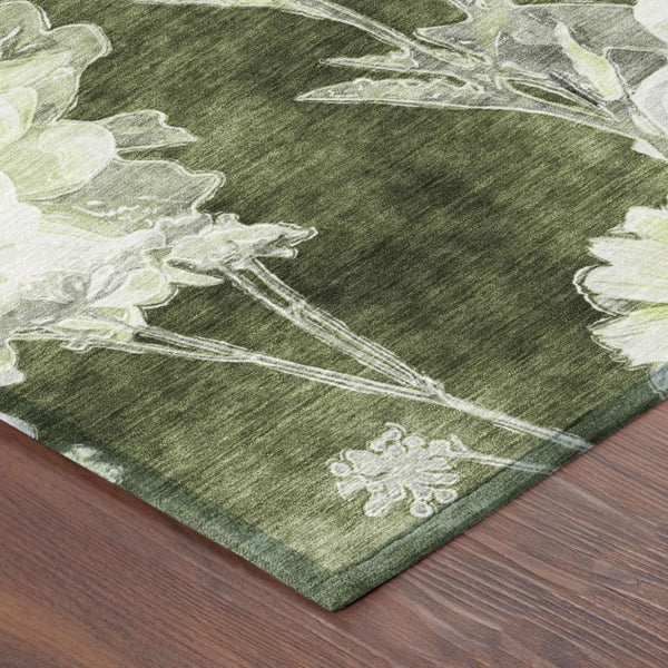 9x12 Olive Floral Polyester Area Rug Stain Resistant for Patio Porch or Living Room