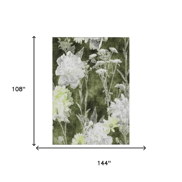 9x12 Olive Floral Polyester Area Rug Stain Resistant for Patio Porch or Living Room