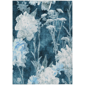 HomeRoots 5x8 Floral Polyester Area Rug Teal Navy Washable Stain Resistant Indoor Outdoor 741828