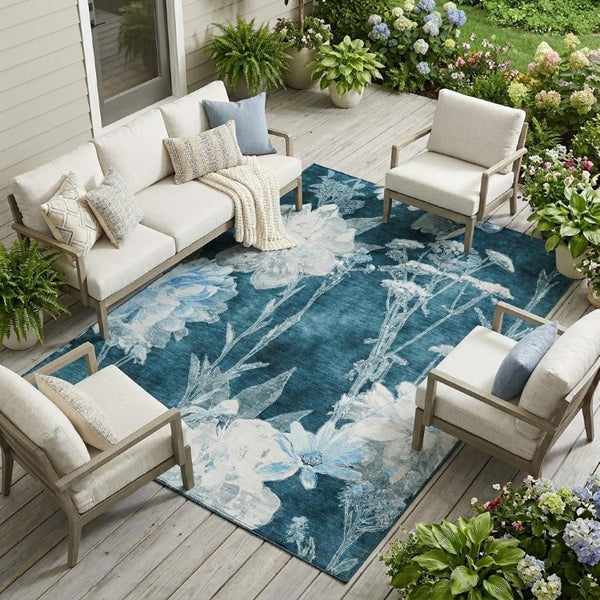 8x10 Teal Navy Floral Polyester Area Rug Washable Stain Resistant Indoor Outdoor Patio