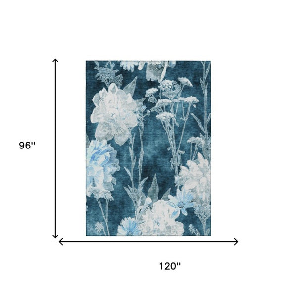 8x10 Teal Navy Floral Polyester Area Rug Washable Stain Resistant Indoor Outdoor Patio