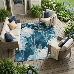 10 X 14 Floral Polyester Area Rug Teal Navy Washable Stain Resistant Indoor Outdoor