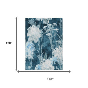 10 X 14 Floral Polyester Area Rug Teal Navy Washable Stain Resistant Indoor Outdoor