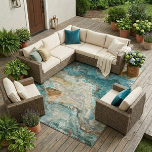 8 Ft X 10 Ft Aqua Teal Abstract Polyester Area Rug for Patio Porch or Living Room