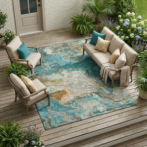 9 X 12 Abstract Aqua Teal Polyester Washable Area Rug for Patio or Living Room