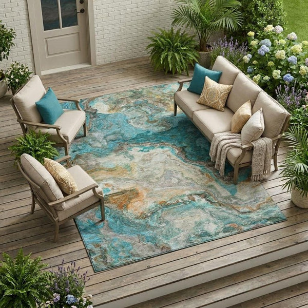 9 X 12 Abstract Aqua Teal Polyester Washable Area Rug for Patio or Living Room