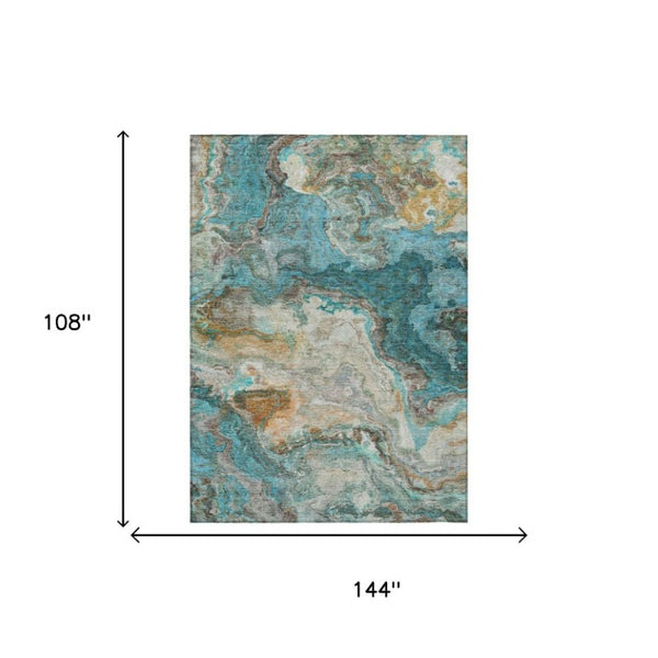 9 X 12 Abstract Aqua Teal Polyester Washable Area Rug for Patio or Living Room