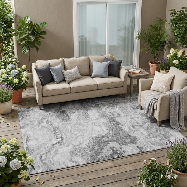 5x8 Gray Silver Abstract Polyester Area Rug Washable for Indoor Outdoor Spaces