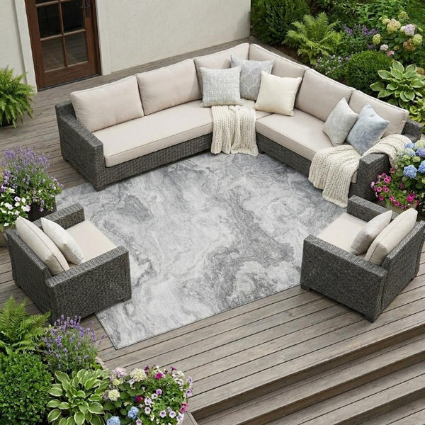 8x10 Gray Silver Abstract Polyester Area Rug Stain Resistant Indoor Outdoor Use