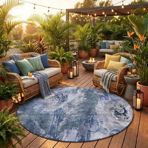8 Ft Round Floral Polyester Area Rug Washable Blue Lavender for Indoor Outdoor Use
