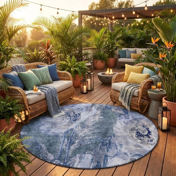8 Ft Round Floral Polyester Area Rug Washable Blue Lavender for Indoor Outdoor Use
