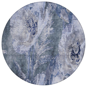 HomeRoots 8 Ft Round Floral Polyester Area Rug Washable Blue Lavender for Indoor Outdoor Use 741883