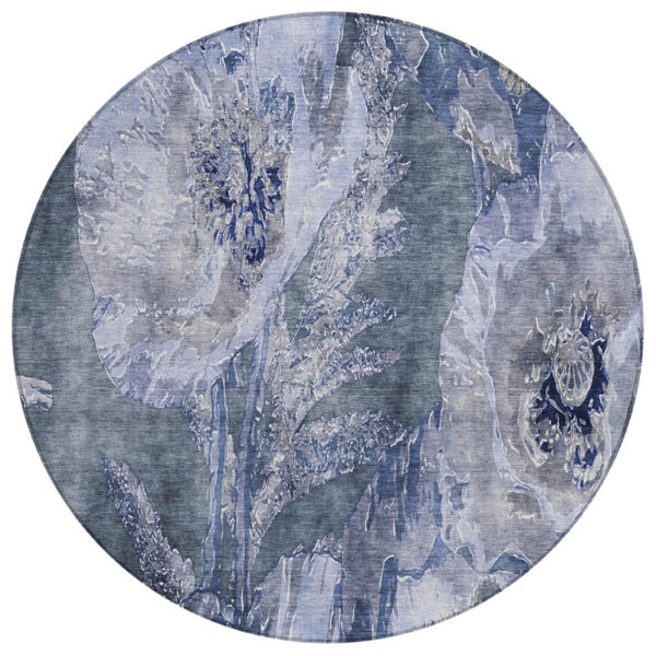HomeRoots 8 Ft Round Floral Polyester Area Rug Washable Blue Lavender for Indoor Outdoor Use 741883