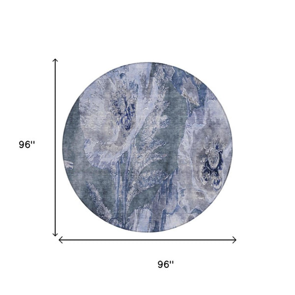 8 Ft Round Floral Polyester Area Rug Washable Blue Lavender for Indoor Outdoor Use