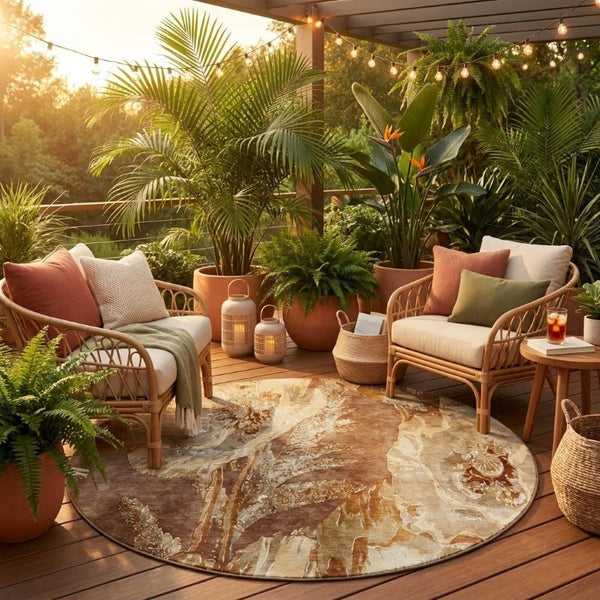 8 Foot Round Floral Polyester Area Rug Washable Indoor Outdoor Patio Accent