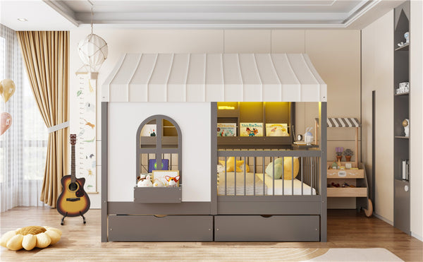 English Elm Full Size Kids House Bed with Led Bookshelf Storage Drawers and Charging Station Gray LP000378AAE