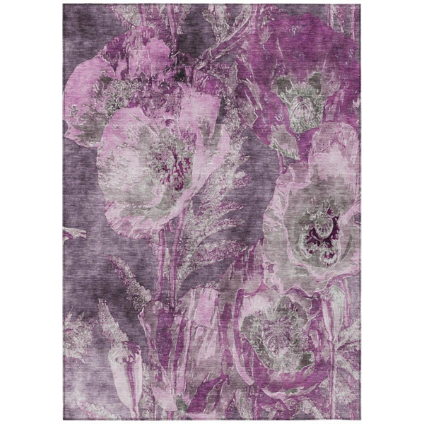HomeRoots 5x8 Purple Plum Floral Polyester Area Rug Washable Stain Resistant Indoor Outdoor 741900
