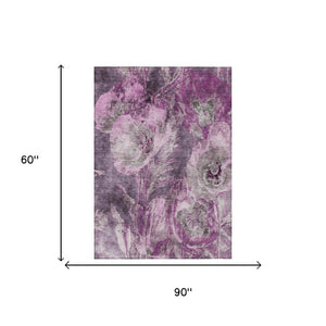 5x8 Purple Plum Floral Polyester Area Rug Washable Stain Resistant Indoor Outdoor