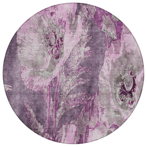 HomeRoots 8 Foot Round Floral Polyester Area Rug Washable Indoor Outdoor Purple Plum 741901