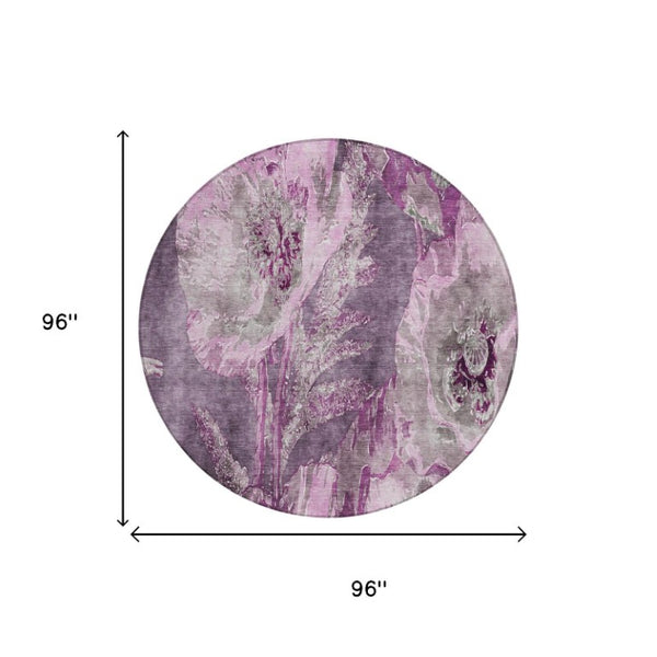 8 Foot Round Floral Polyester Area Rug Washable Indoor Outdoor Purple Plum