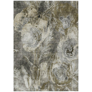 HomeRoots 5x8 Pewter Floral Polyester Area Rug Stain Resistant for Indoor Outdoor Spaces 741906