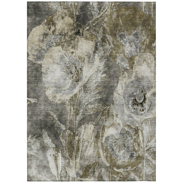 HomeRoots 5x8 Pewter Floral Polyester Area Rug Stain Resistant for Indoor Outdoor Spaces 741906