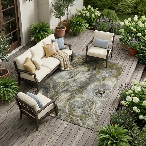 8x10 Pewter Gray Floral Polyester Area Rug Washable Stain Resistant Indoor Outdoor