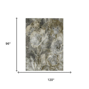 8x10 Pewter Gray Floral Polyester Area Rug Washable Stain Resistant Indoor Outdoor