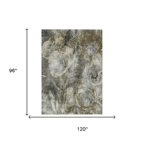 8x10 Pewter Gray Floral Polyester Area Rug Washable Stain Resistant Indoor Outdoor