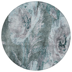HomeRoots 8 Foot Round Floral Polyester Area Rug in Teal Washable for Patio or Family Room 741913