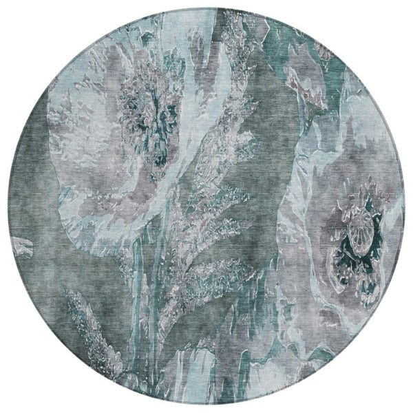 HomeRoots 8 Foot Round Floral Polyester Area Rug in Teal Washable for Patio or Family Room 741913