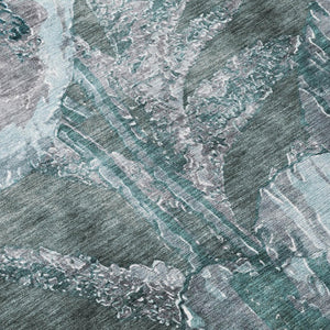 8 Foot Round Floral Polyester Area Rug in Teal Washable for Patio or Family Room