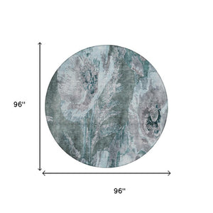 8 Foot Round Floral Polyester Area Rug in Teal Washable for Patio or Family Room